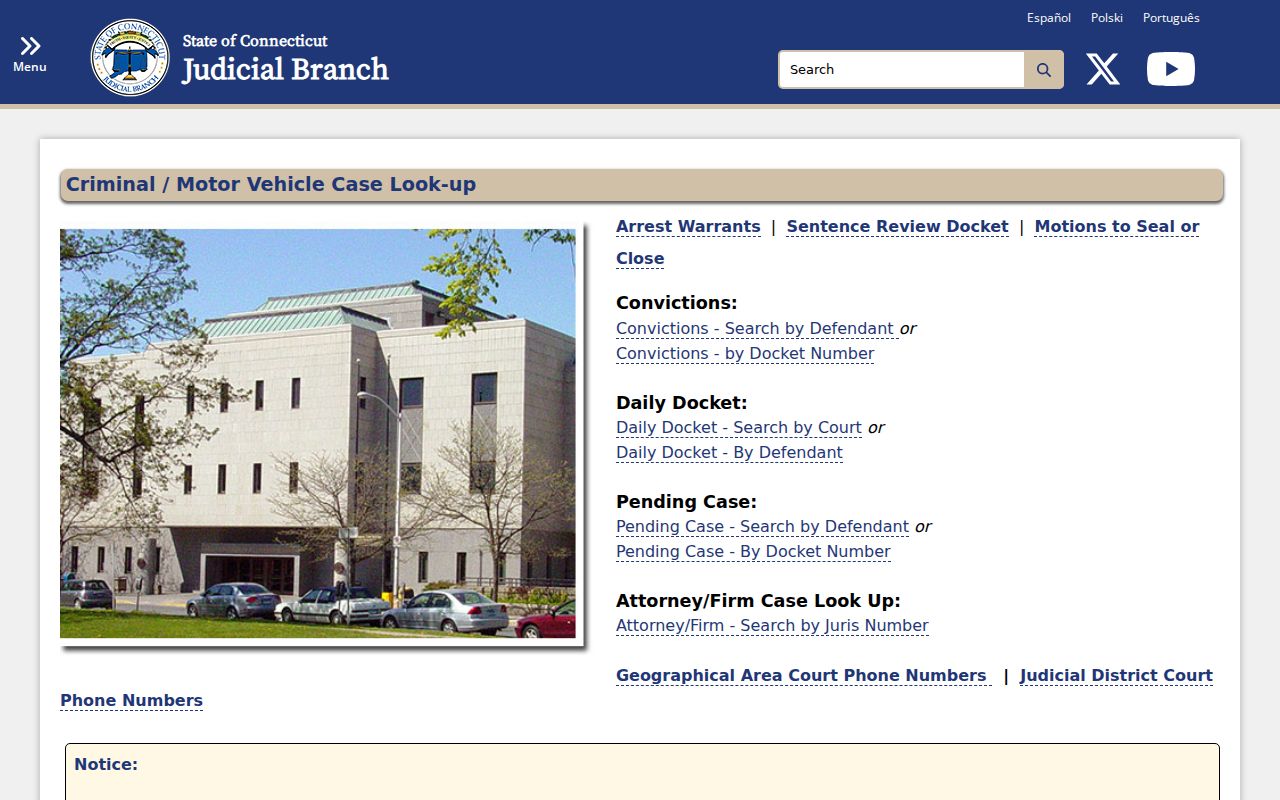 Connecticut criminal and motor vehicle case lookup choices for Greenwich court records