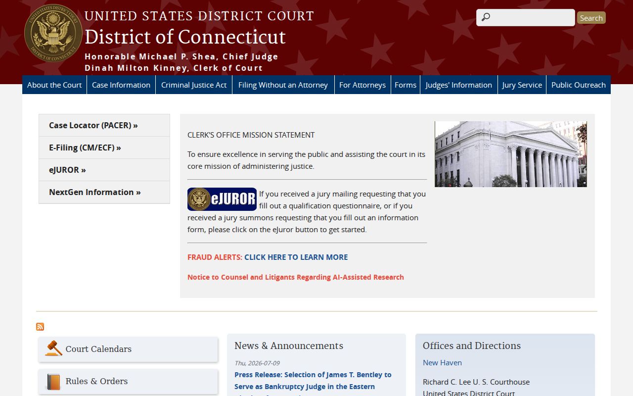 United States District Court for Connecticut page for federal Greenwich cases