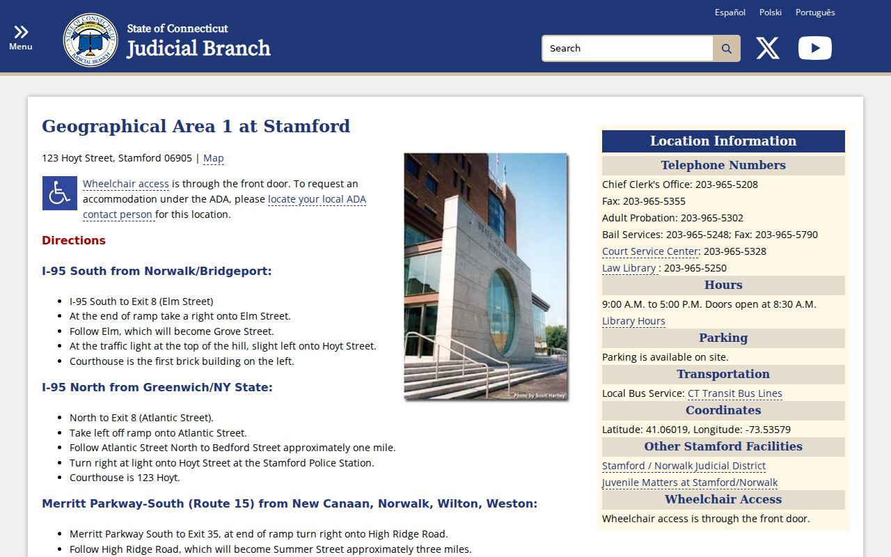 Connecticut Judicial Branch page for Stamford GA 1 serving Greenwich criminal court cases